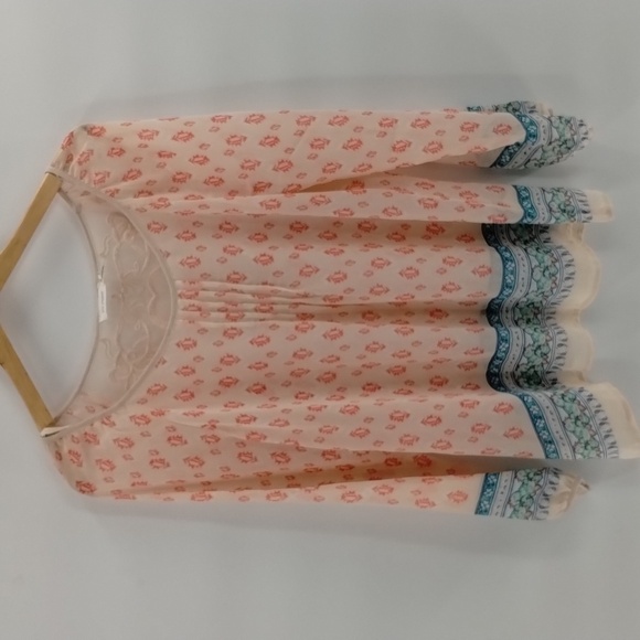 Blu Pepper sheer pin tucked front size large blouse coral cream & green flowy - Picture 1 of 8